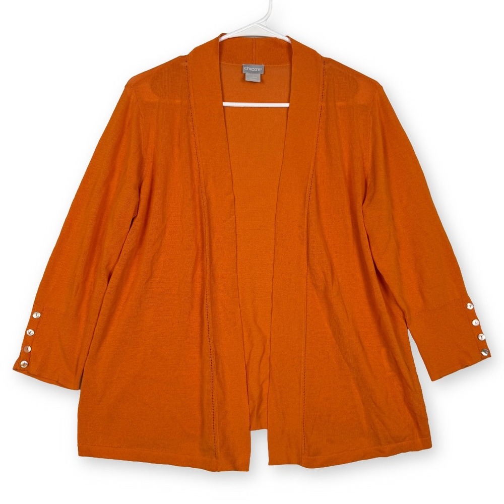 Chicos Orange Open Front Cardigan Button Cuff Cotton Knit Sweater Womens Size 1